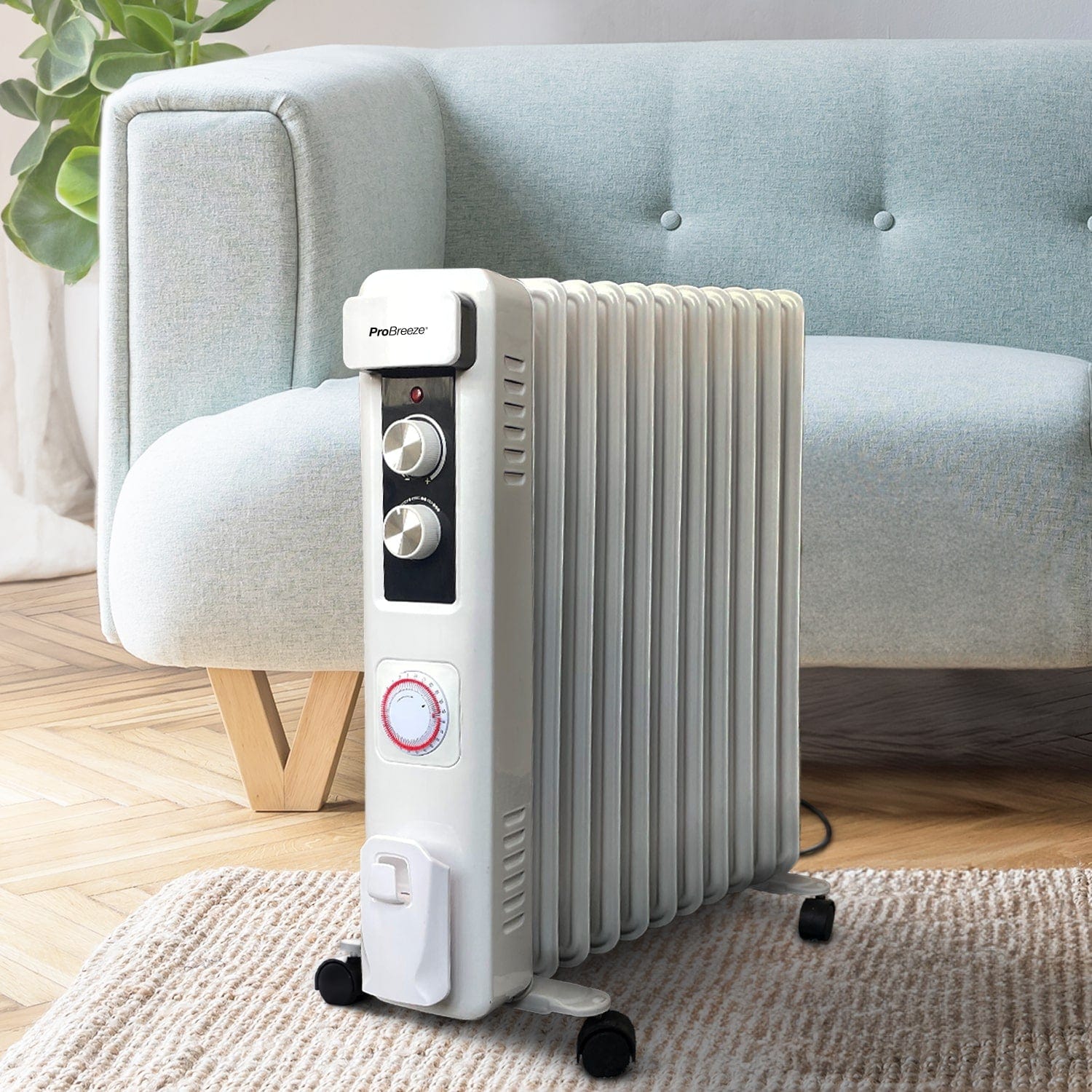 2500W 11 Fins Oil Filled Radiator Heater with Thermostat Control - White