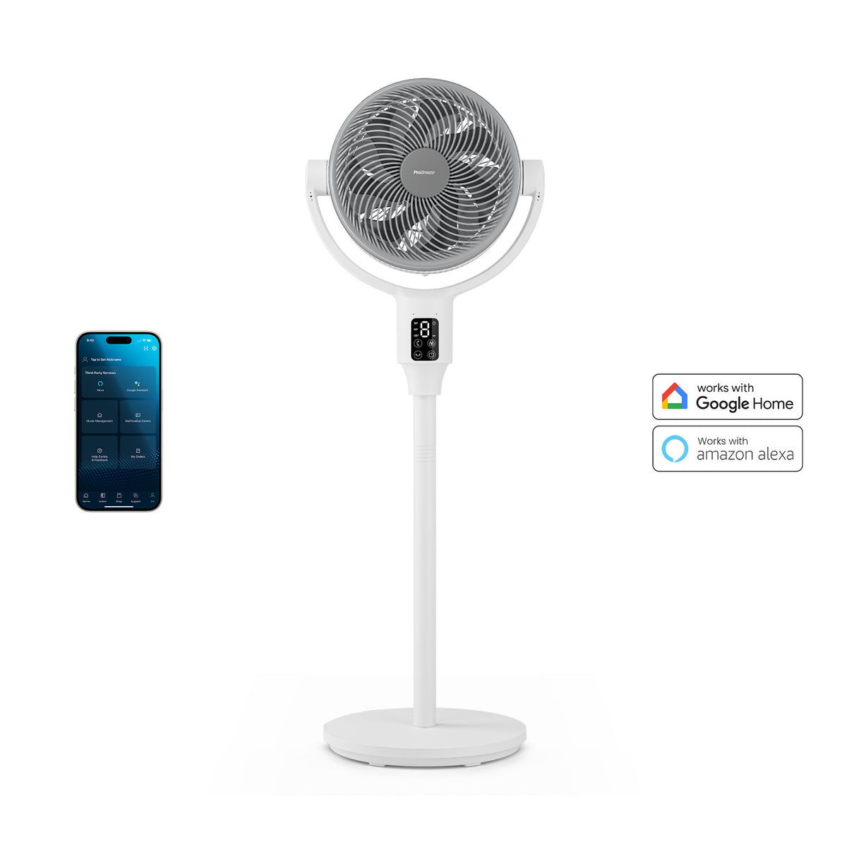 AirFlo Plus™ 44" Smart Hybrid Pedestal Fan - Ultra-Quiet Air Circulator - White/Grey
