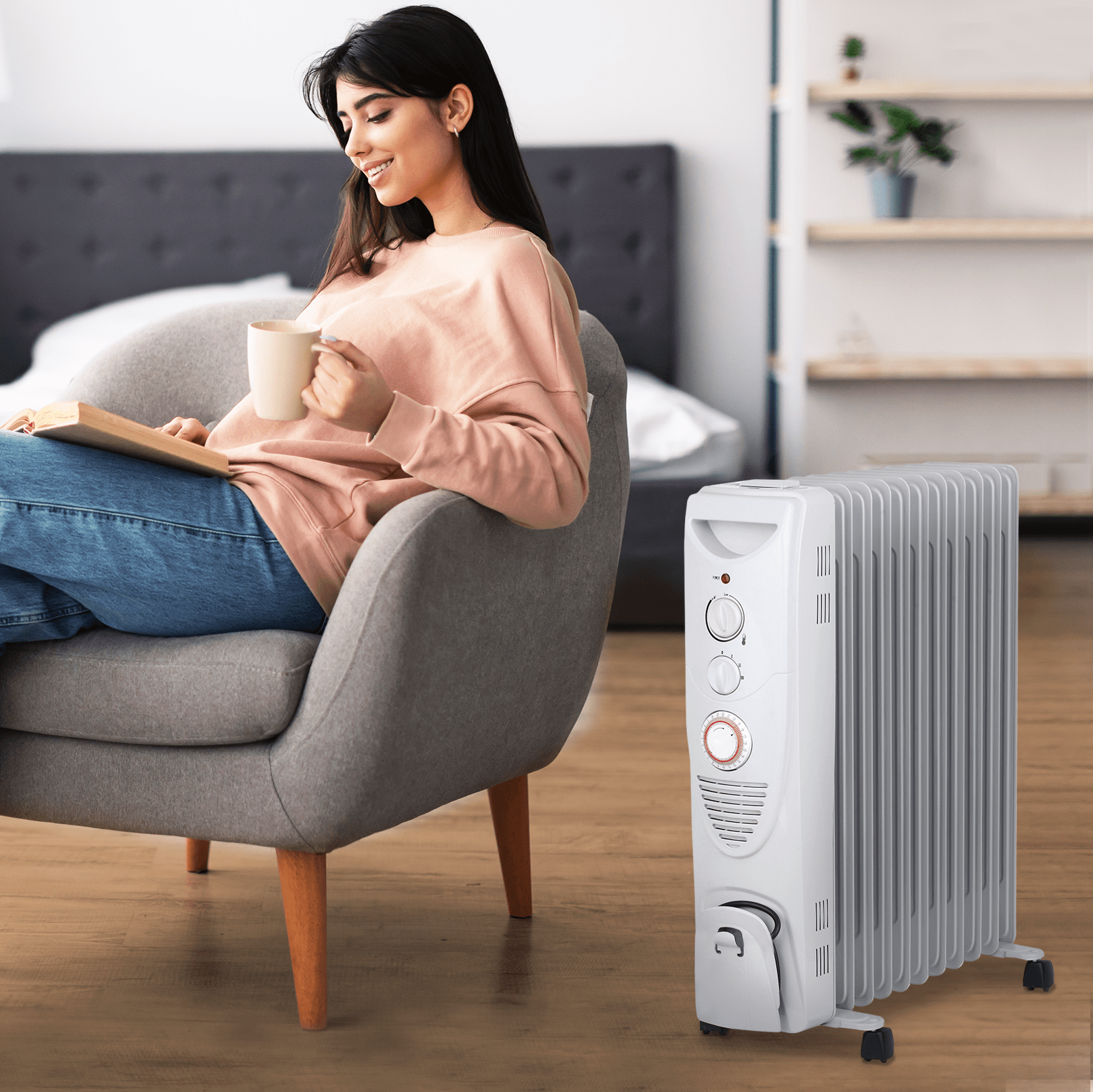 2500W Oil Filled Radiator Heater with 11 Fins - White