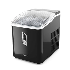 A black countertop ice maker with a clear plastic lid, a silver control panel, and a white trim line, shown on a solid white background.