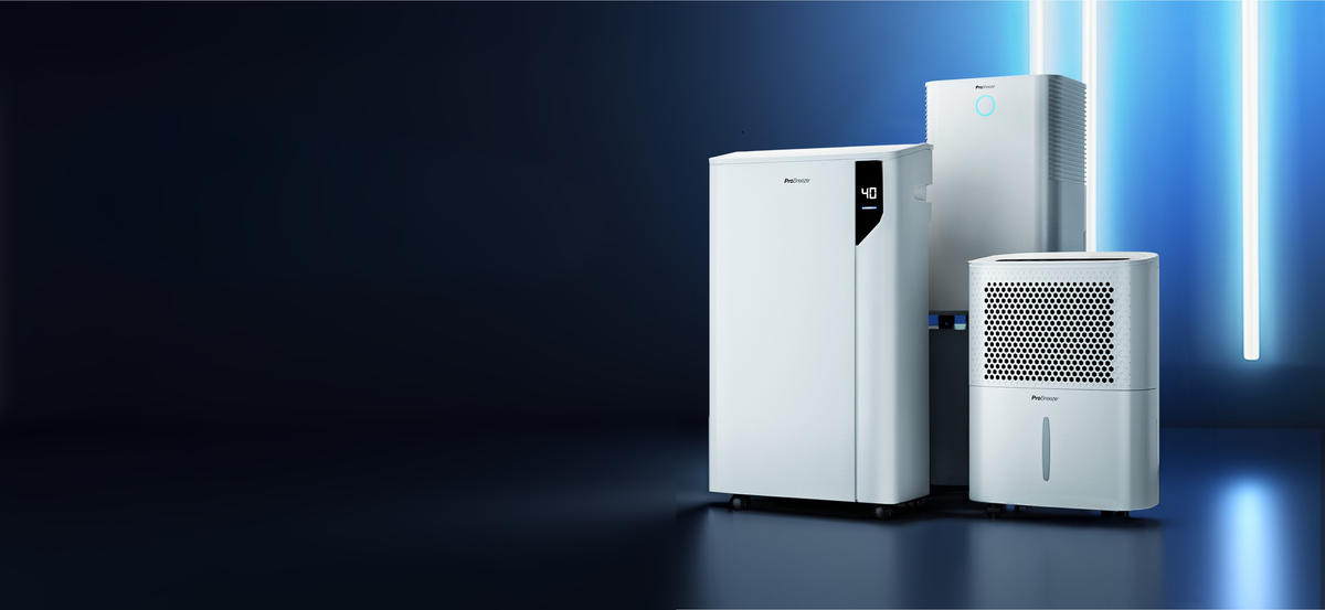 Three white home appliance devices, including a large air purifier and two smaller devices, displayed against a dark blue studio background with vertical neon light accents.