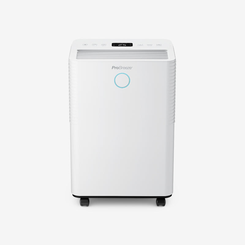 A white portable air conditioner and dehumidifier by Pro Breeze, shown from a front-facing perspective on a light gray background. It features a digital display on top, a blue circular power button, and black caster wheels at the base.