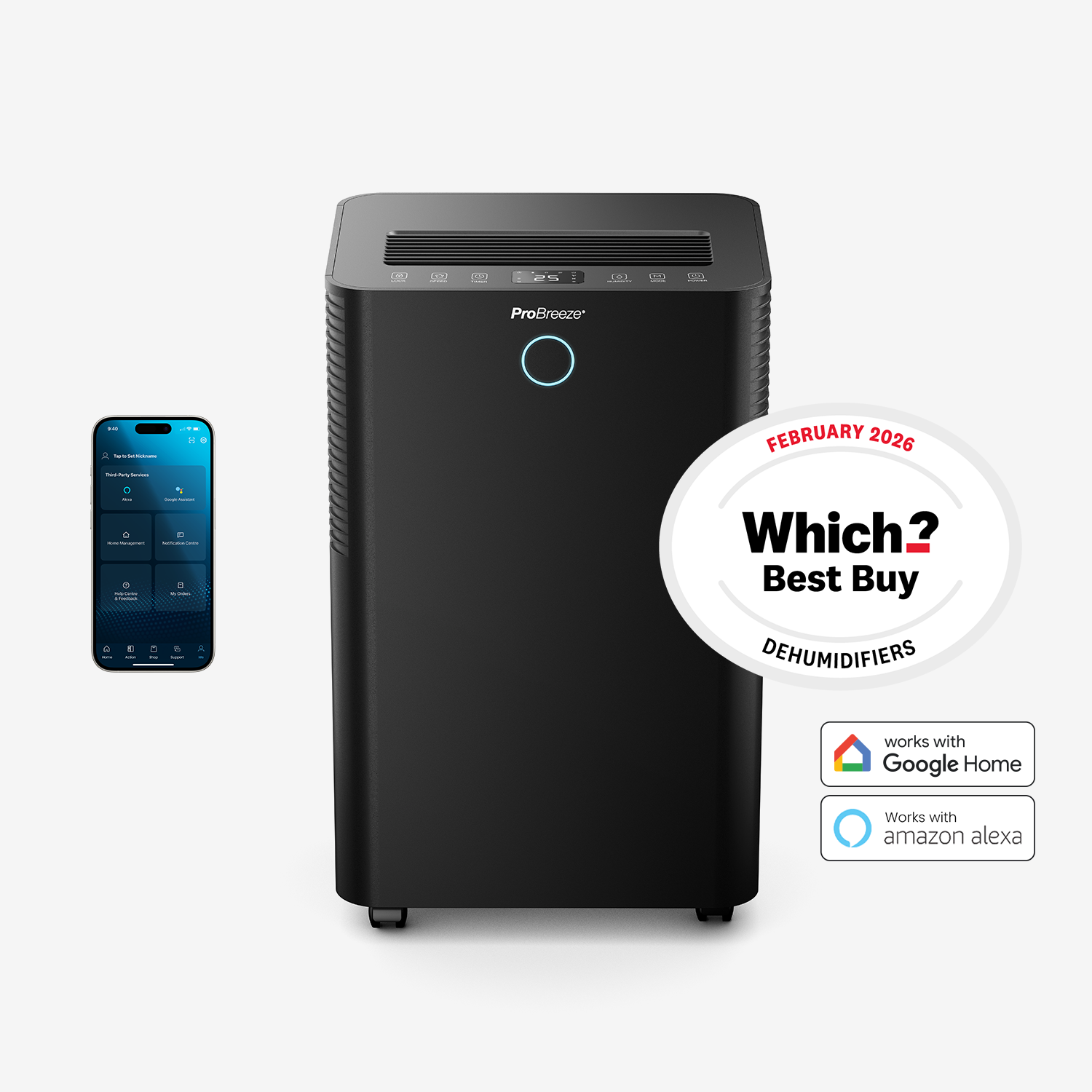 OmniDry 20L Quiet Low Energy Dehumidifier with Laundry Mode and Smart App Control - Black