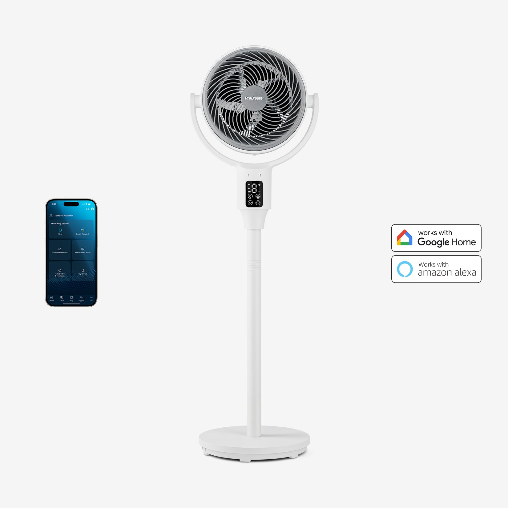 AirFlo™ 43" Smart Hybrid Pedestal Fan - Ultra-Quiet Air Circulator - White/Grey