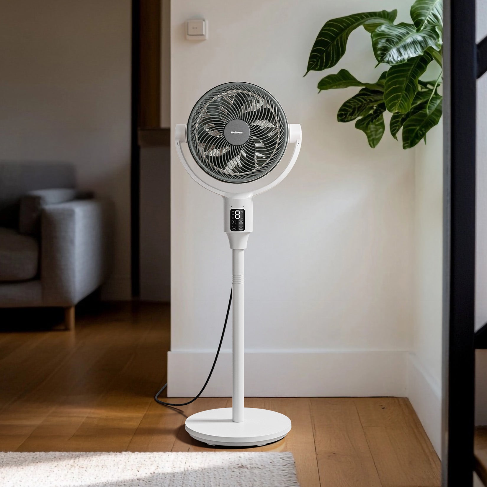 AirFlo Plus™ 44" Hybrid Pedestal Fan - Ultra-Quiet Air Circulator - White/Grey