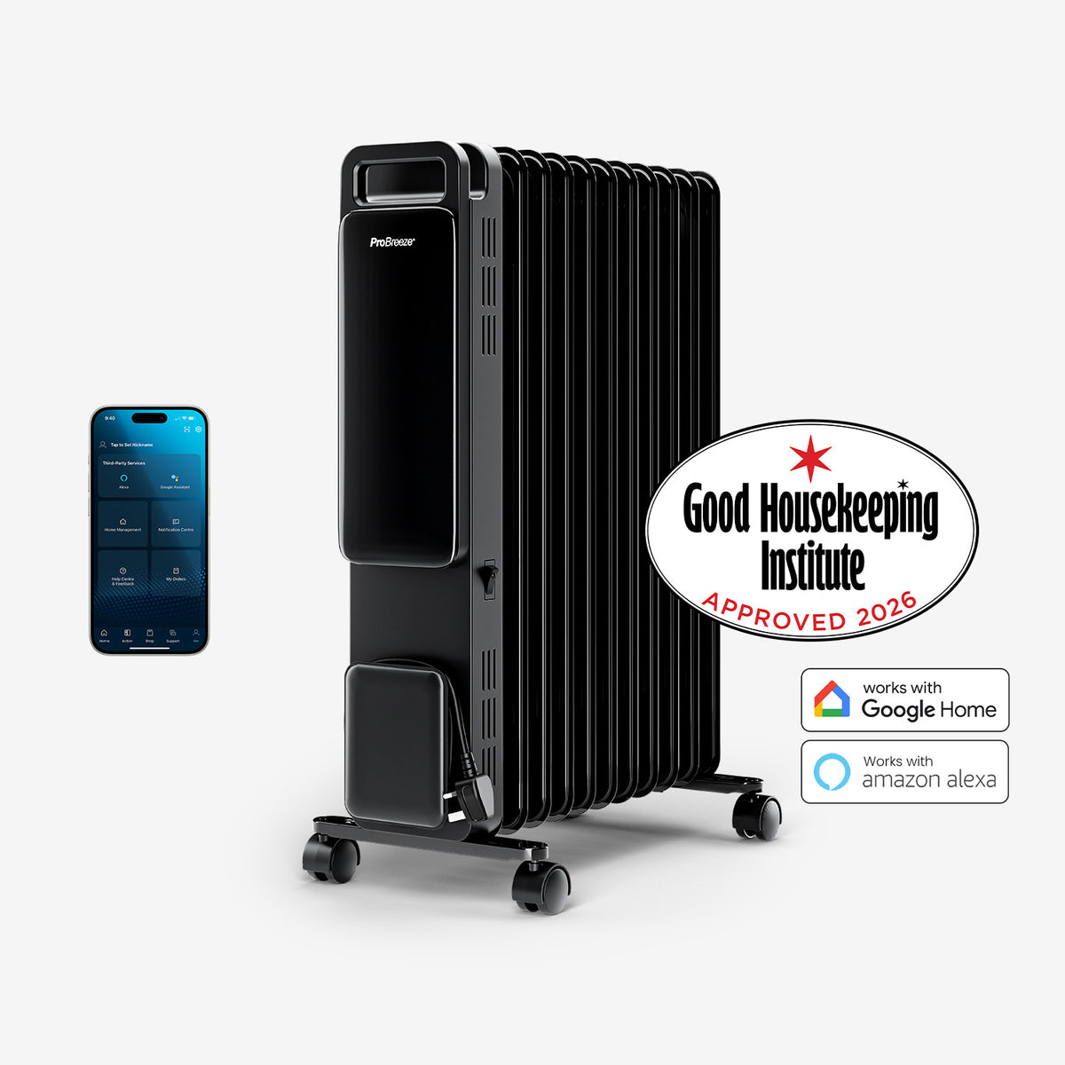 OmniWarm 2500W Oil Filled 11 Fins Eco Radiator Heater With Digital Display and Smart App Control - Black