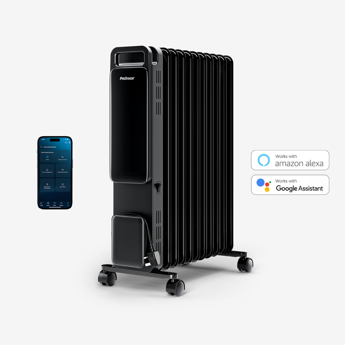OmniWarm 2500W Oil Filled 11 Fins Eco Radiator Heater With Digital Display and Smart App Control - Black