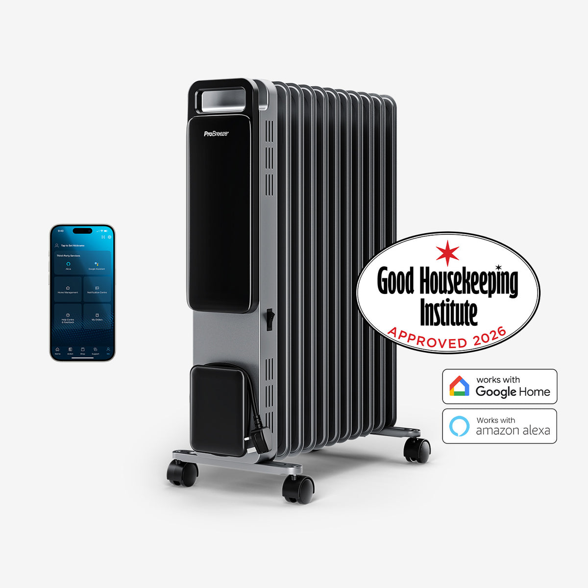 OmniWarm 2500W Oil Filled 11 Fins Eco Radiator Heater With Digital Display and Smart App Control - Silver