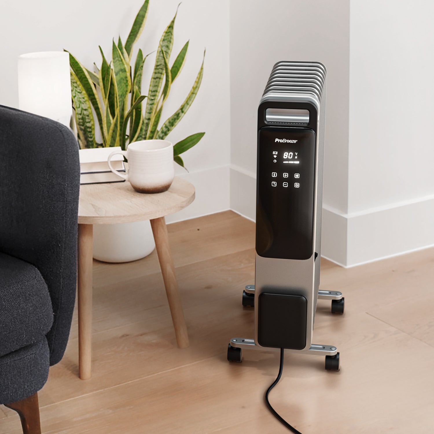 OmniWarm 2500W Oil Filled 11 Fins Eco Radiator Heater With Digital Display and Smart App Control - Silver