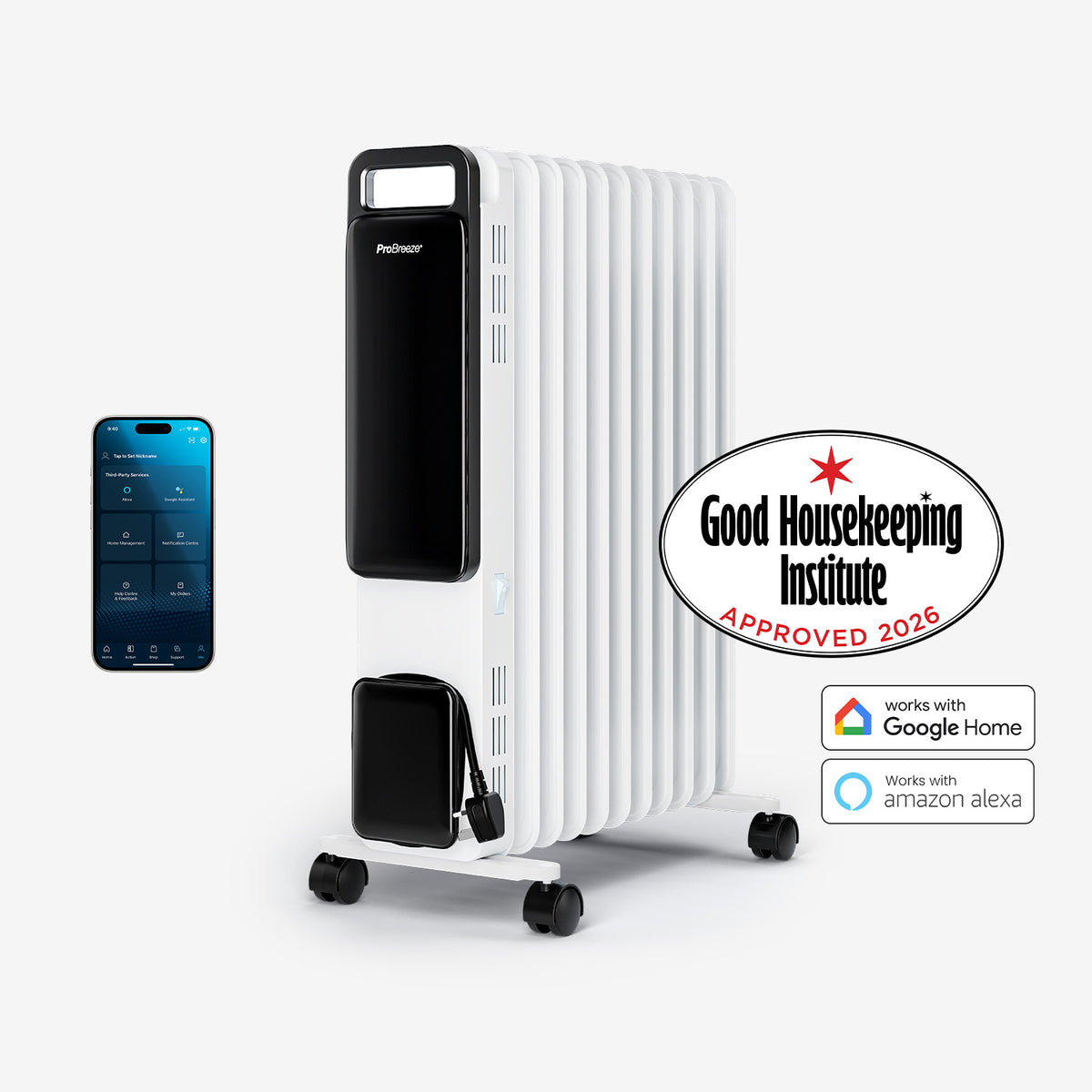 OmniWarm 2500W Oil Filled 11 Fins Eco Radiator Heater With Digital Display and Smart App Control - White