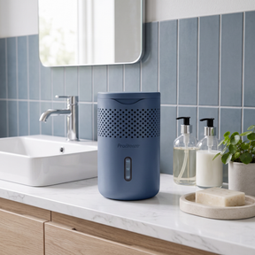 A blue cylindrical Pro Breeze moisture absorber with a perforated top section and a small vertical window, placed on a bathroom counter beside a sink, soap dispensers, and a small plant.
