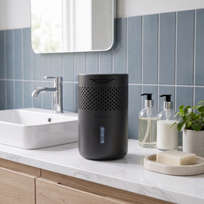 A matte black cylindrical air purifier with a perforated top and a small vertical window on the front, placed on a white marble bathroom counter next to soap dispensers and a small plant.