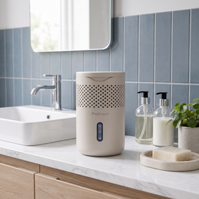 A Pro Breeze dehumidifier in a warm beige color sits on a white marble bathroom counter next to a sink, soap dish, and toiletries.