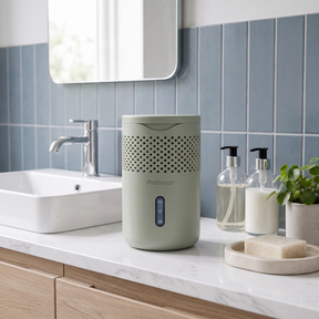 A ProDeezer humidifier in a sage green color sits on a white marble bathroom counter next to a sink, soap dish, and toiletry bottles.