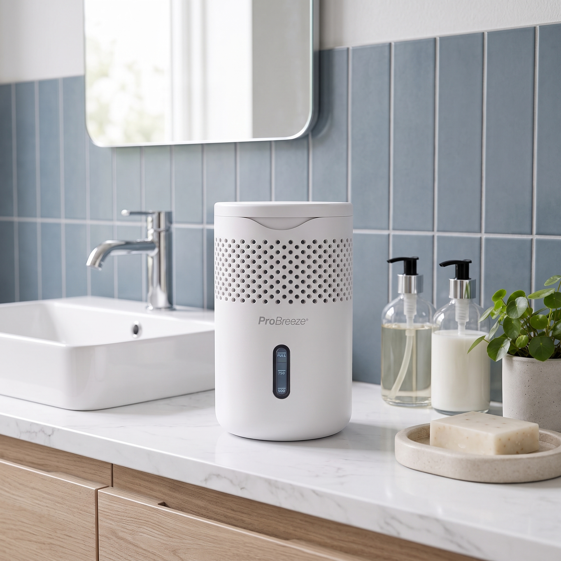 A white Pro Breeze moisture absorber sits on a marble countertop in a modern bathroom setting with blue-gray tiled walls, a sink, soap dispensers, and a small plant.