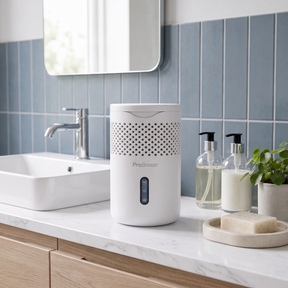 A white Pro Breeze moisture absorber sits on a marble countertop in a modern bathroom setting with blue-gray tiled walls, a sink, soap dispensers, and a small plant.